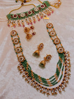 Load image into Gallery viewer, Rajwadi moissanite polki Mala and choker set with 2 pairs of jhumkas