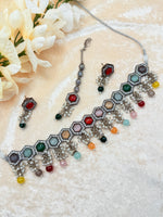 Load image into Gallery viewer, Astika Victorian Black Metal Polki Necklace set