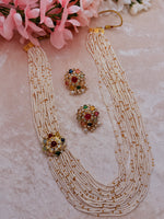 Load image into Gallery viewer, Navratna white gold beads mala with multicolor studs earrings