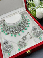 Load image into Gallery viewer, फ़िरोज़ा हरा सिल्वर पोल्की चोकर सेट