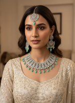 Load image into Gallery viewer, फ़िरोज़ा हरा सिल्वर पोल्की चोकर सेट