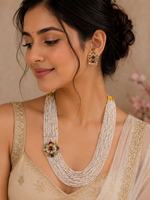 Load image into Gallery viewer, Navratna white gold beads mala with multicolor studs earrings