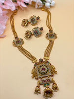 Load image into Gallery viewer, Satrangi Temple( Jewerly) Mala With Earrings antique Gold Polish