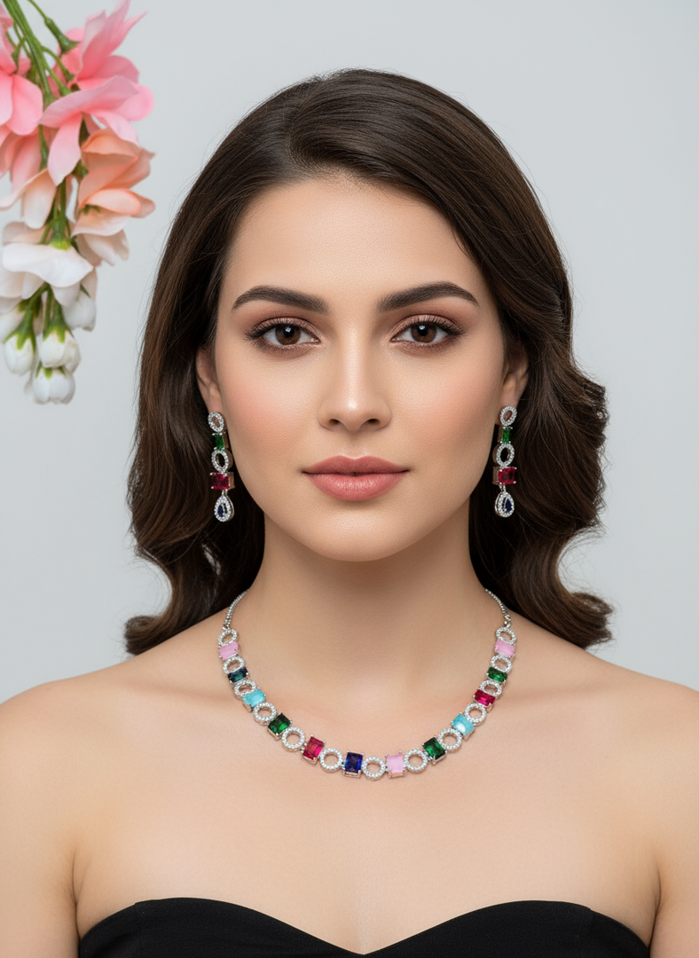 American Diamond Silver Multicolor AD set