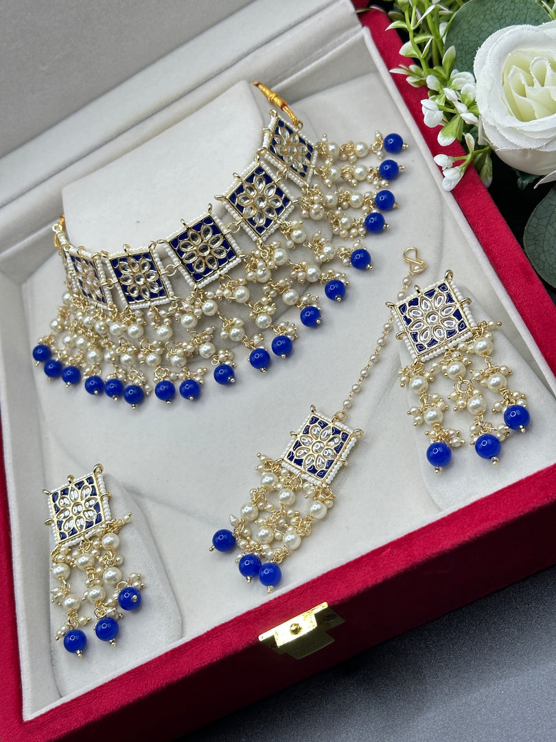 Hayat Kundan Drop Pearl Indian Choker Set