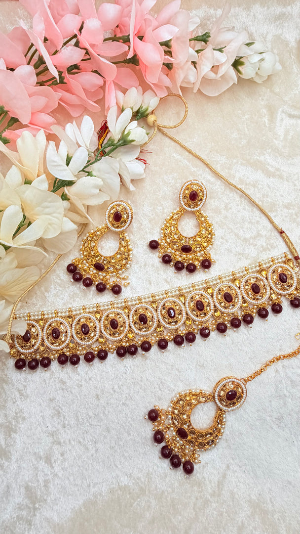 Mahima Maroon crystal beads Choker Set