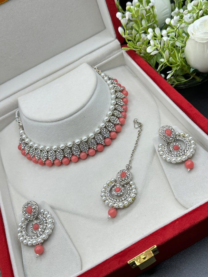 Nila In Silver Stone with Drop Pearls Choker set