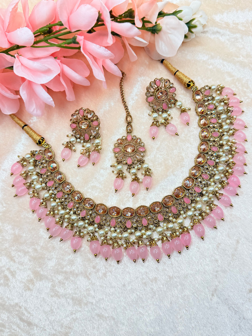 Misha Baby Pink Polki Indian Choker Set