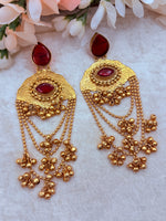 Load image into Gallery viewer, Red brass gold Kashmiri long earrings
