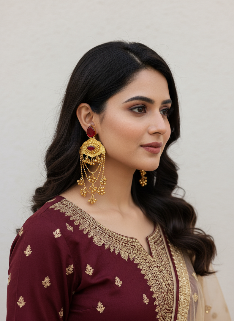 Red brass gold Kashmiri long earrings