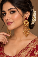 Load image into Gallery viewer, Red brass gold Kashmiri long earrings