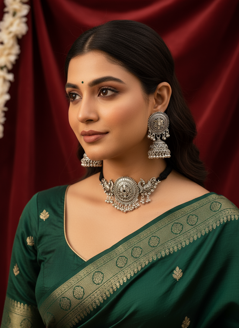 Peacock Oxidised Choker with jhumki