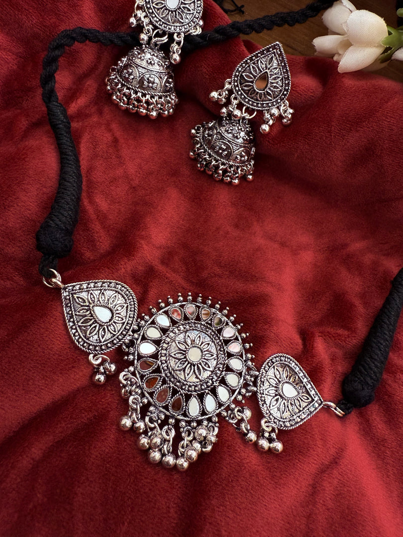 Silver Oxidised choker set with jhumka