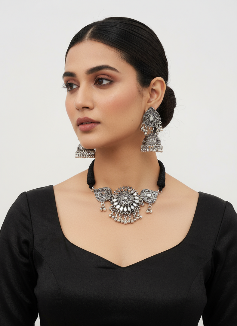 Silver Oxidised choker set with jhumka