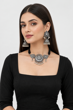 Load image into Gallery viewer, Silver Oxidised choker set with jhumka