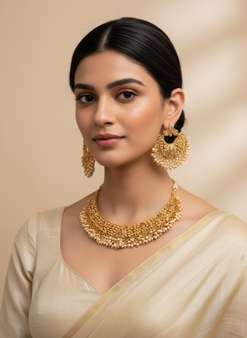 Shivani Matte Gold Temple Jewelry Necklace set with Earring