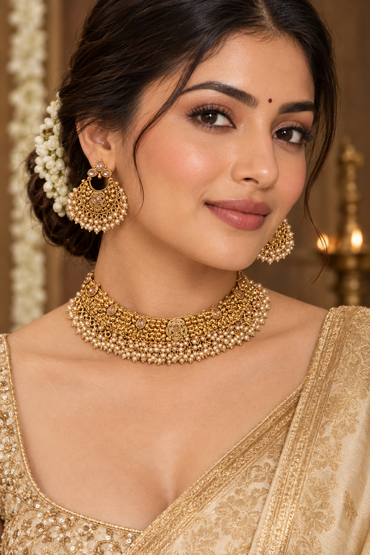 Shivani Matte Gold Temple Jewelry Necklace set with Earring