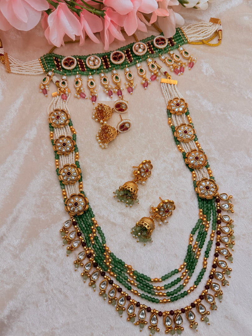 Rajwadi moissanite polki Mala and choker set with 2 pairs of jhumkas
