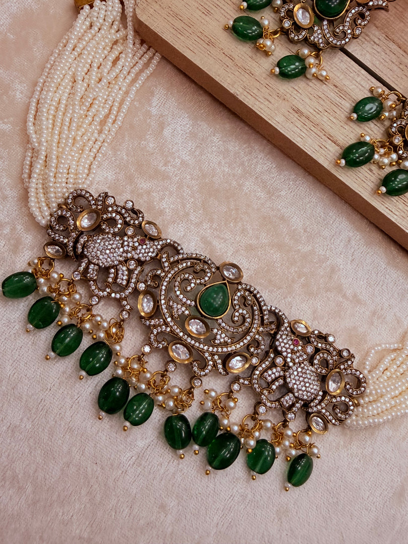 Victorian Elephant Necklaces with moissanite polki and earrings