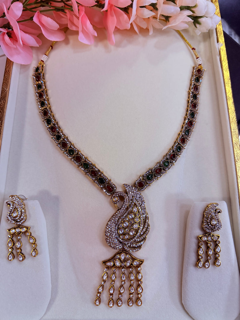 Peacock long Moissanite polki Necklace