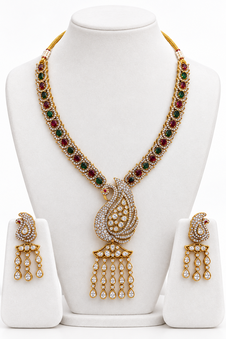 Peacock long Moissanite polki Necklace with Earrings
