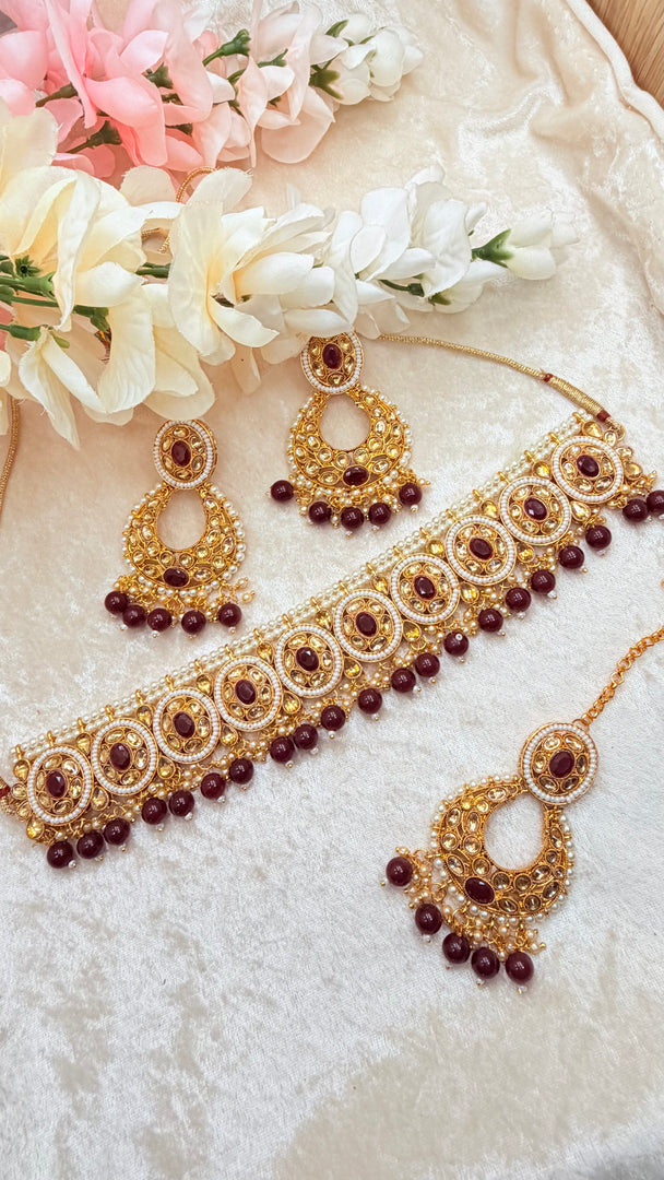 Mahima Maroon crystal beads Choker Set