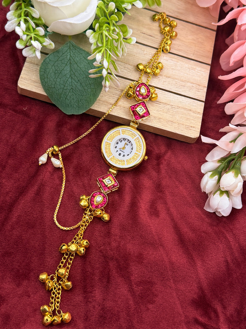 Kashmiri Adjustable size kundan Watches with Hanging bells