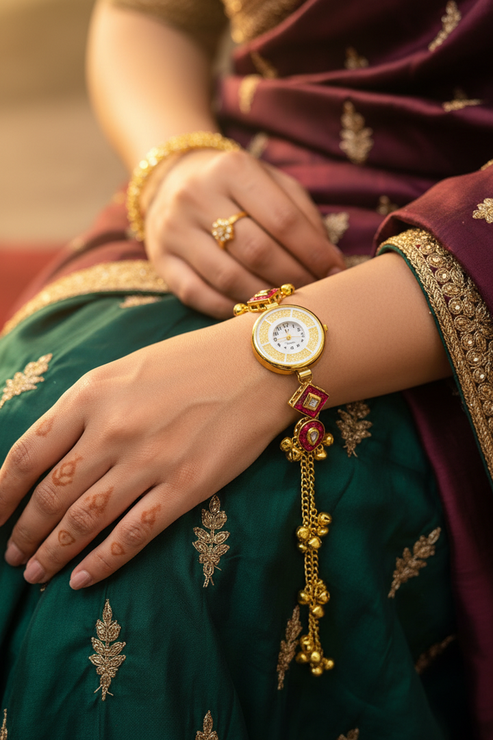 Kashmiri Adjustable size kundan Watches with Hanging bells