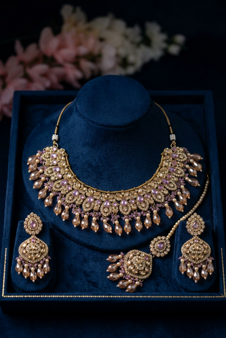Sitara lavender champagne combination color polki Necklace set