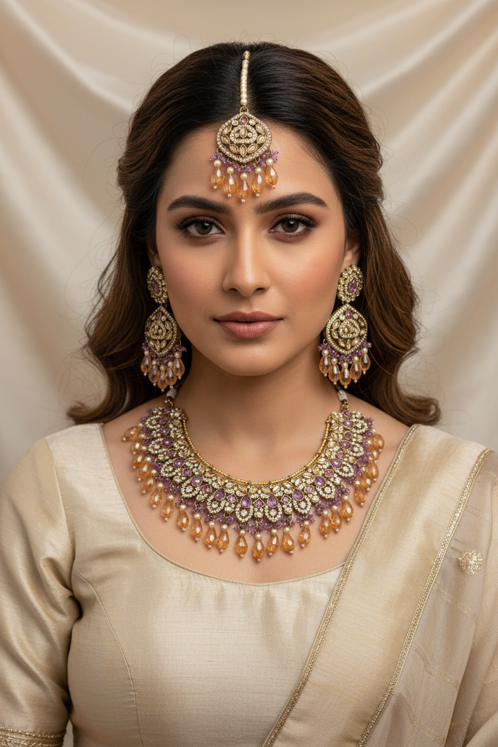 Sitara Necklace with lavender champagne combination color polki Necklace set
