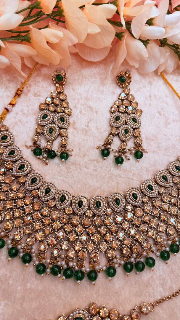 Green Antique Gold crystal beads choker set