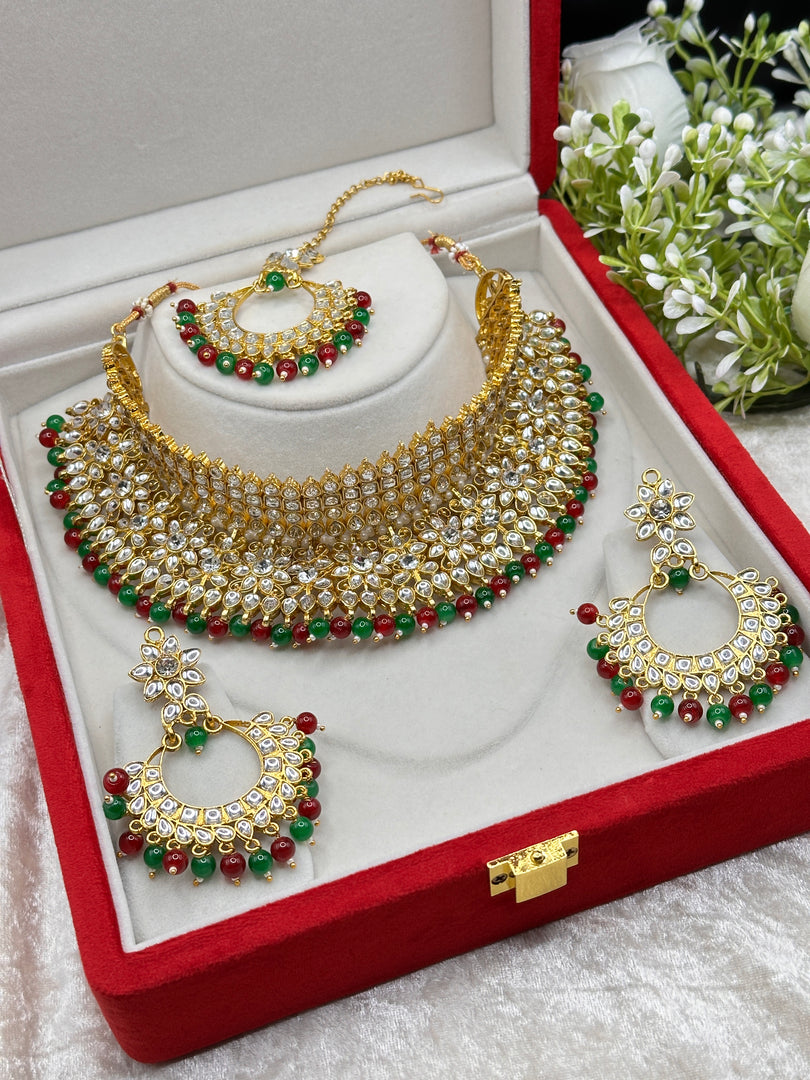 Green Red Gold platted Kundan Necklace Set