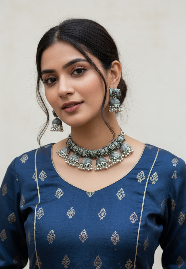 Zafa Oxidised Mirror Choker Maang Tikka Earring set