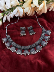 Zafa Oxidised Mirror Choker Maang Tikka Earring set