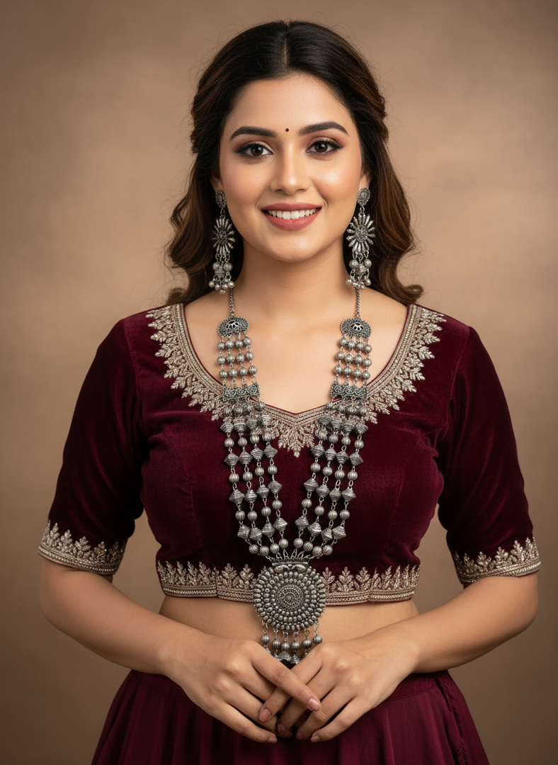 Oxidized silver long Necklace Set with Earrings