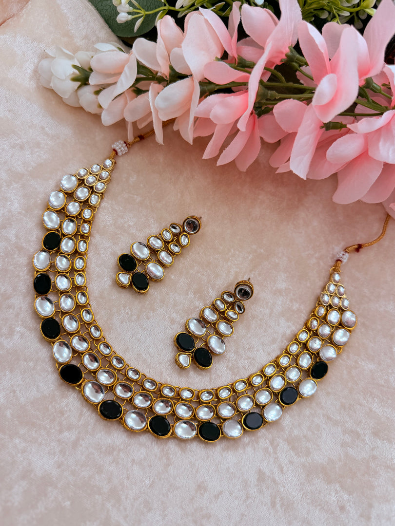 White Black Kundan Necklace With Earring