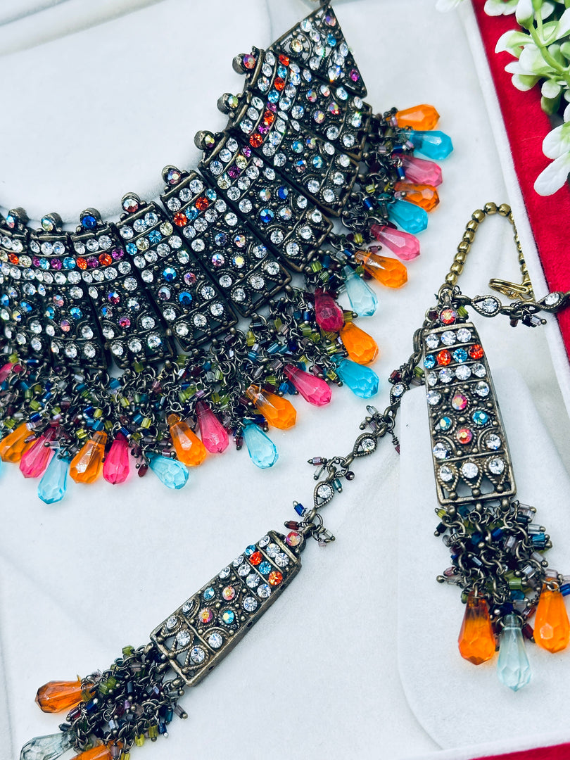 Black Metal Pakistani Multi Color Choker Set