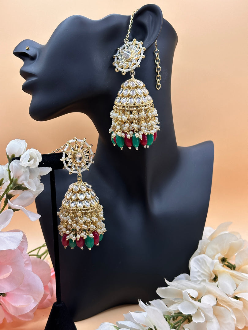 Gold polish kundan & ruby jhumkas with pearls – House of Taamara
