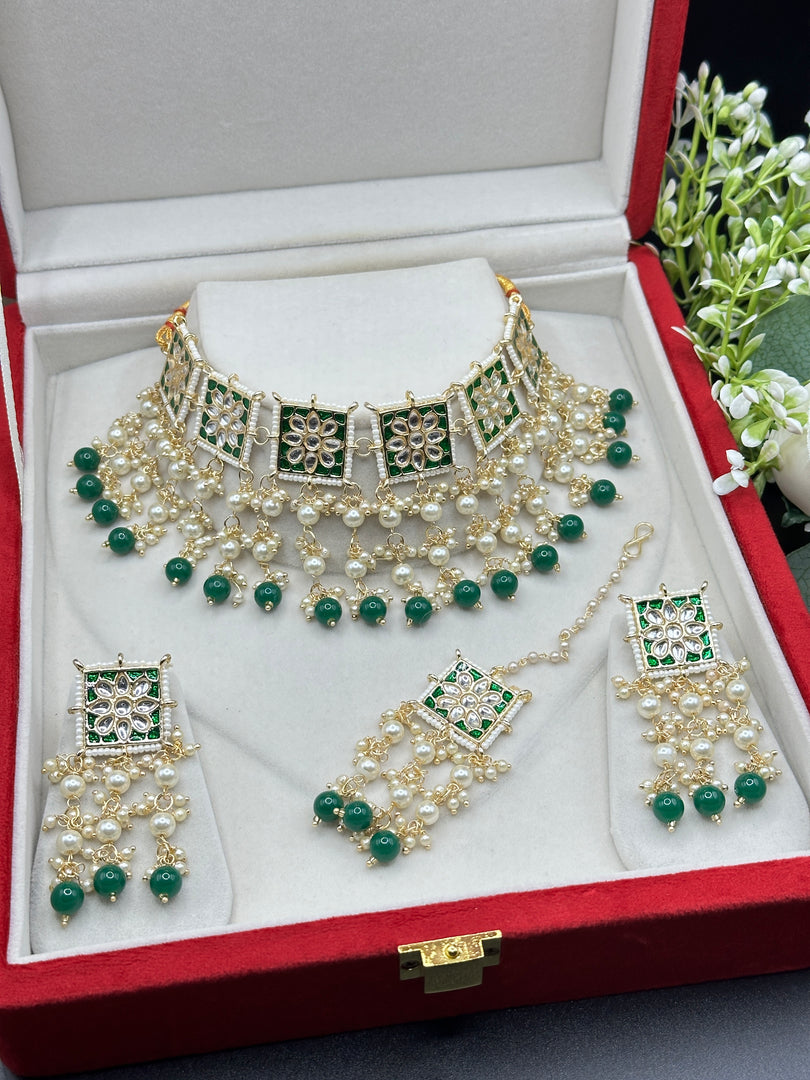 Hayat Kundan Drop Pearl Indian Choker Set