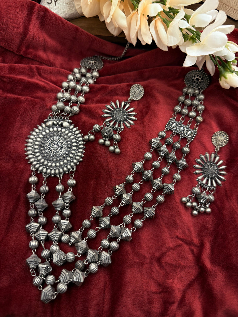 Oxidized silver long Necklace Set with Earrings