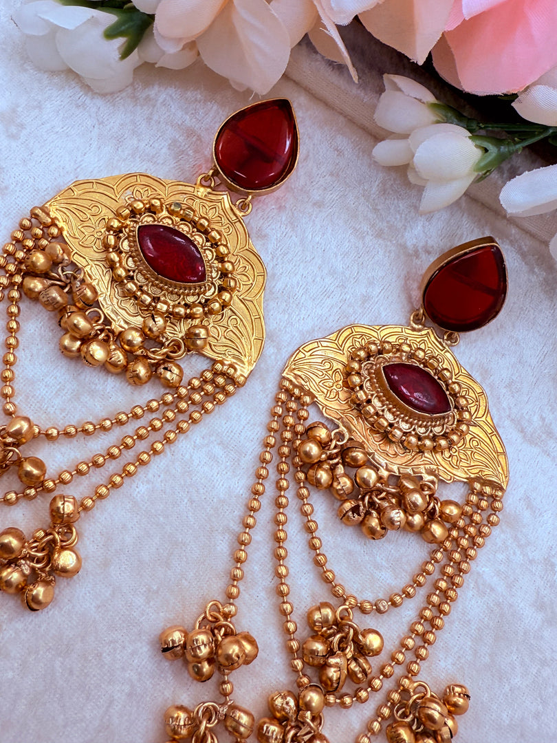 Red brass gold Kashmiri long earrings