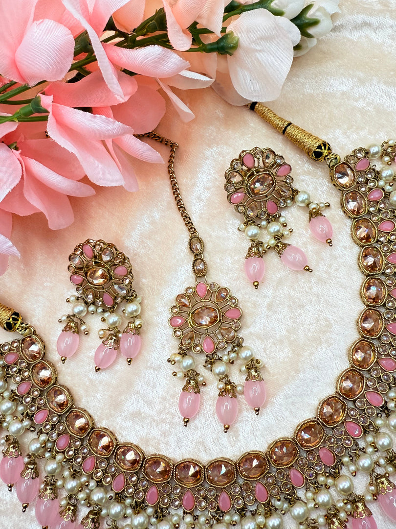 Misha Baby Pink Polki Indian Choker Set