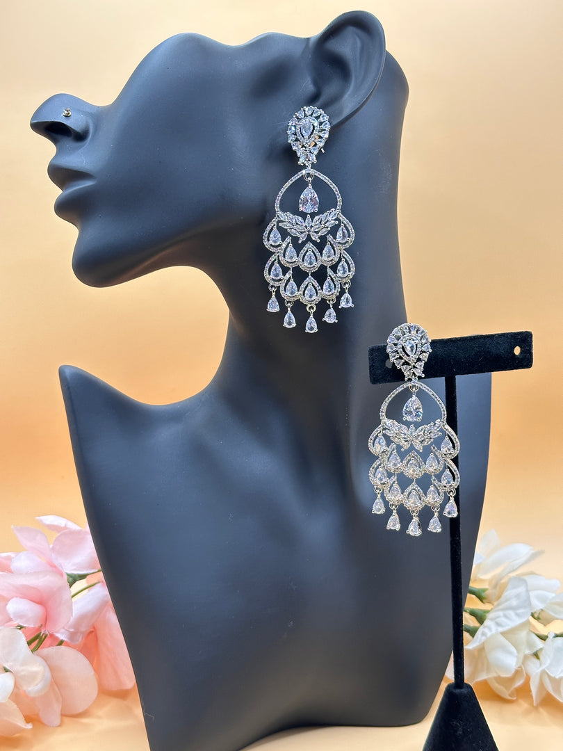 Silver Plated Geometric Design American Diamond Stones Stud Earrings