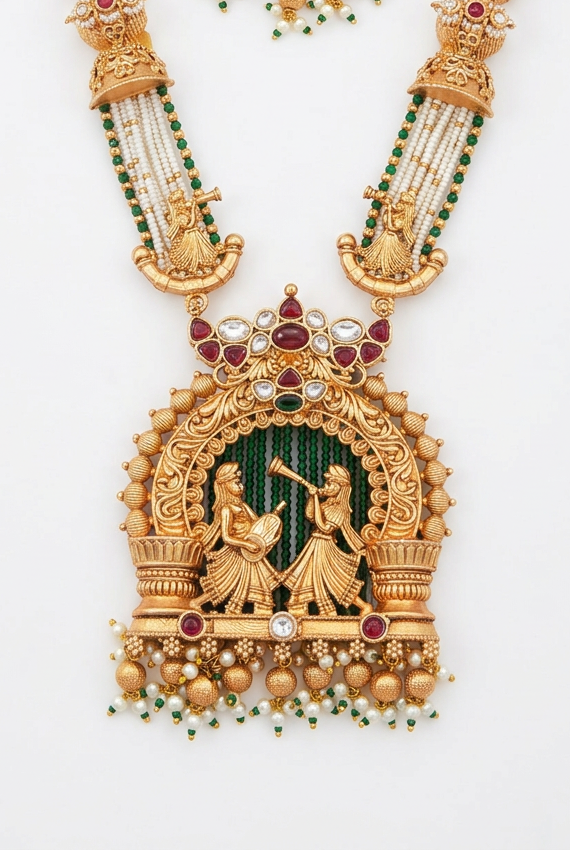 Rajwadi Antique gold doli Barat long Necklace with earrings