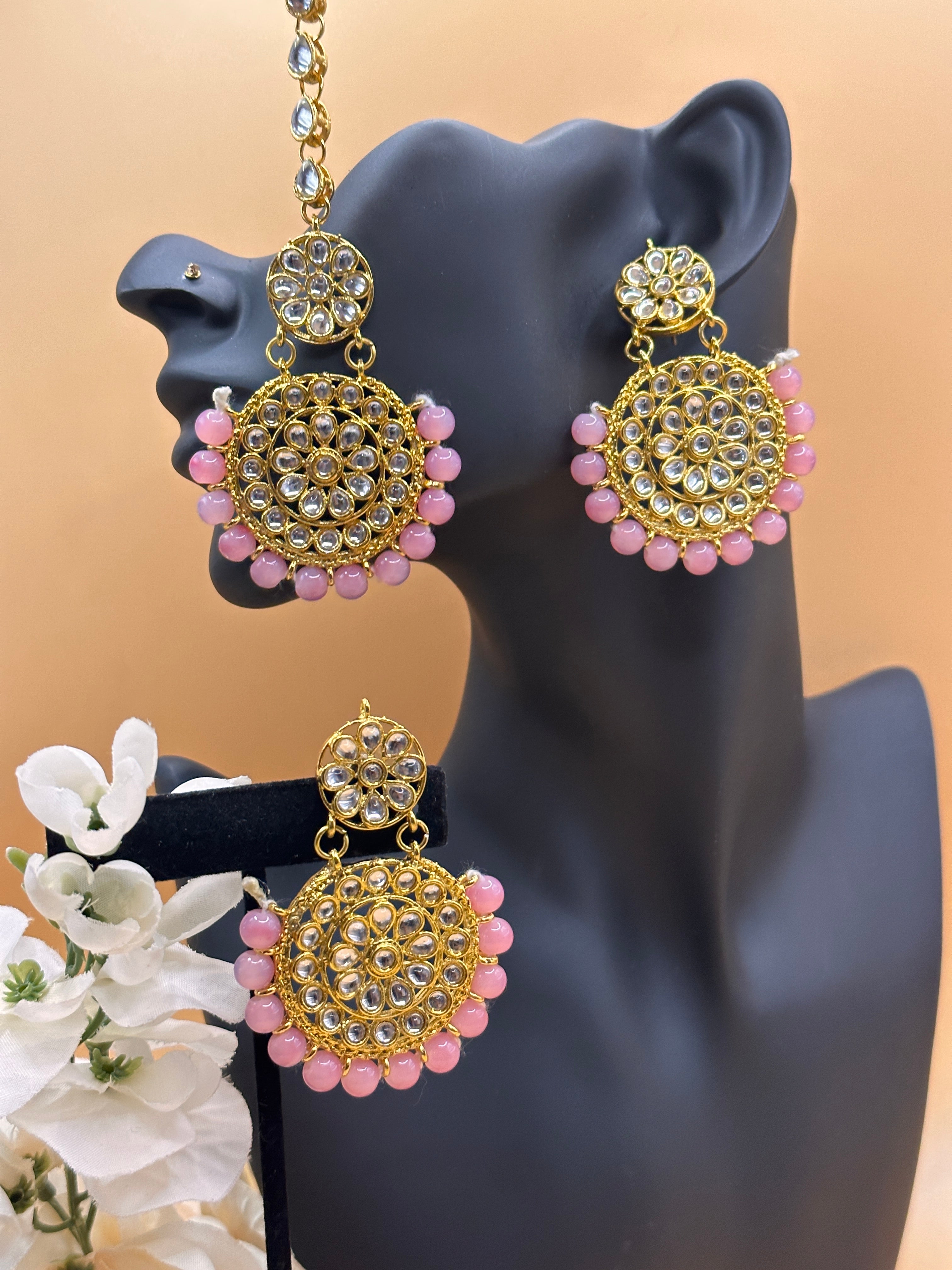 Buy Golden Chandbali Design Earrings With Maang Tikka Online From Wholesale  Salwar.