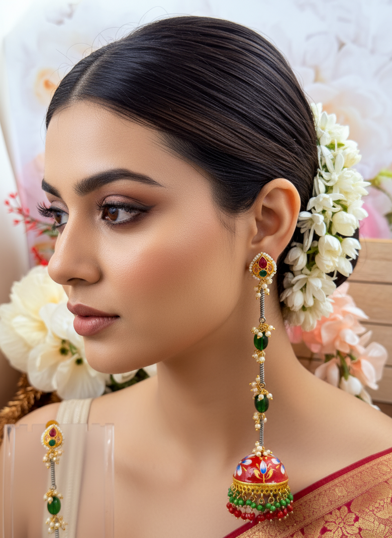 Red Meenakari Kashmiri earrings hanging long jhumki