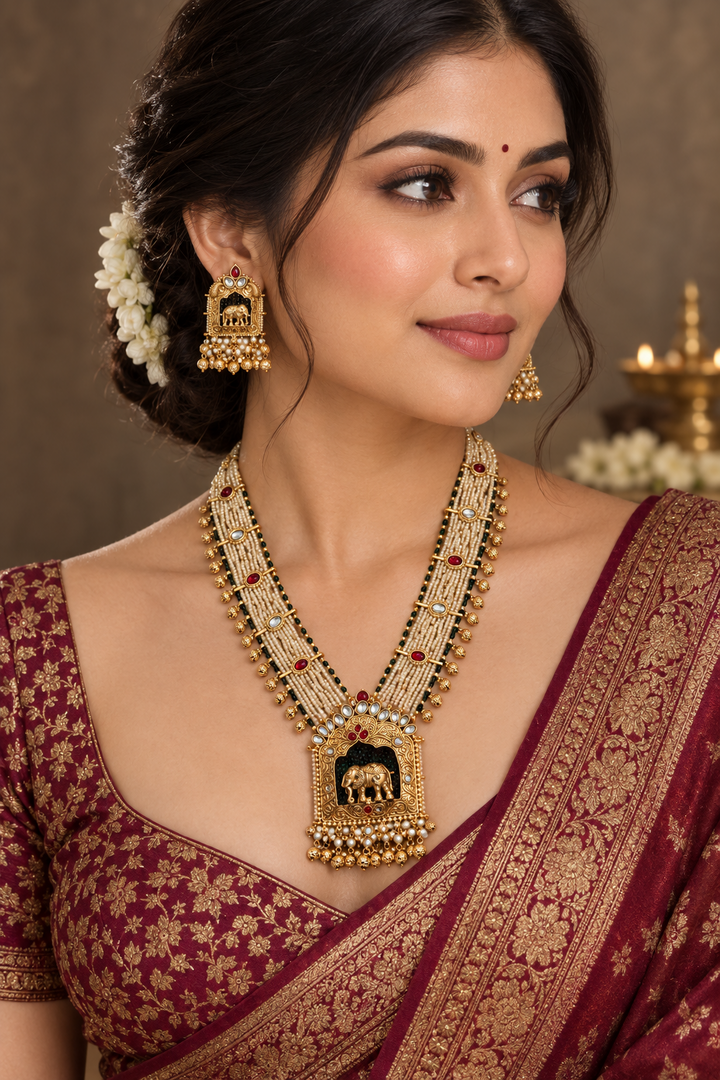 BRILLIANT RAJWADI ELEPHANT ANTIQUE GOLD PLATED NECKLACE (Mala)
