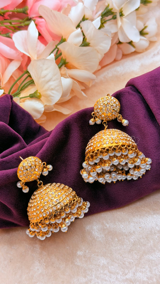 Golden jhumka with hanging pearls
