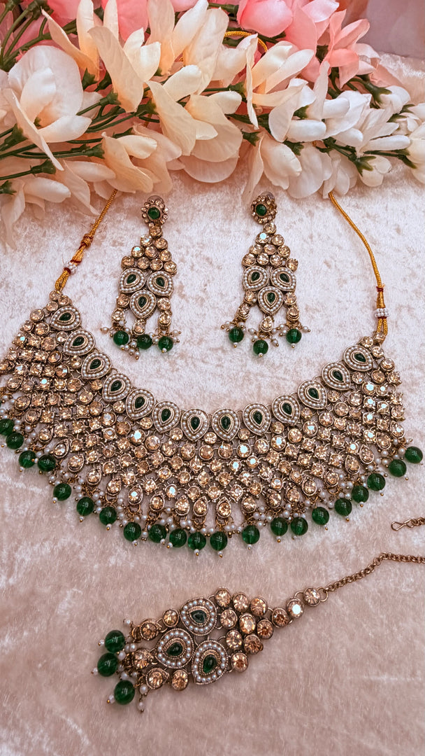 Green Antique Gold crystal beads choker set