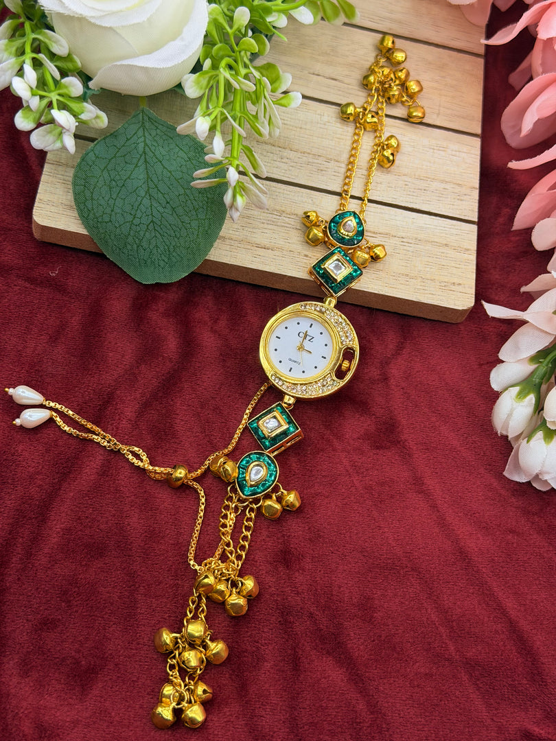 Kashmiri Adjustable size kundan Watches with Hanging bells